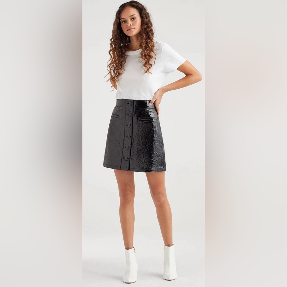7 For All Mankind Small Skirt 100% Genuine Leather Womens Black A-line $495 NWT